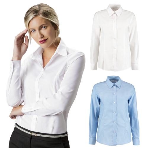 Kustom Kit Ladies Pinpoint L/S Shirt (white, lt blu)